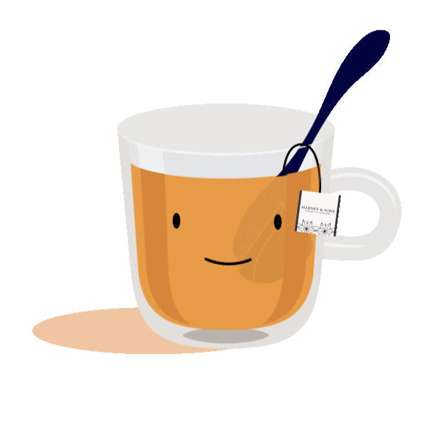 Illustration of a transparent mug with a tea bag and a smiley face on a white background