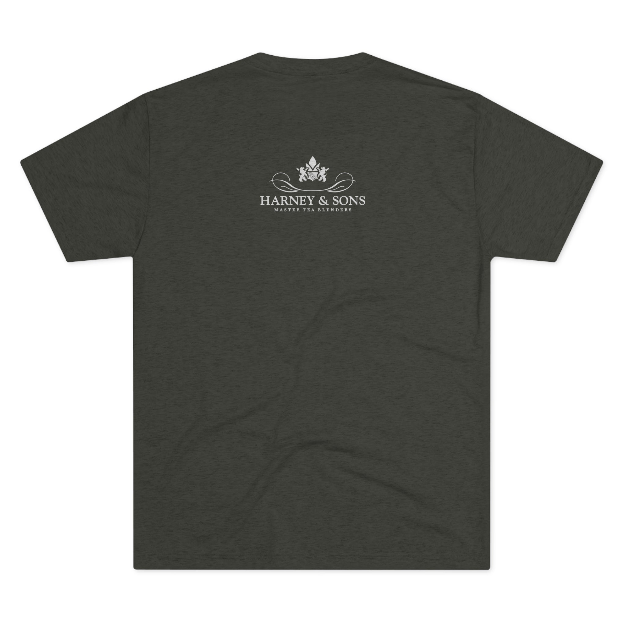 Olive green graphic tee featuring "Harney & Sons" logo and tea-themed design on the back. Perfect for tea lovers.