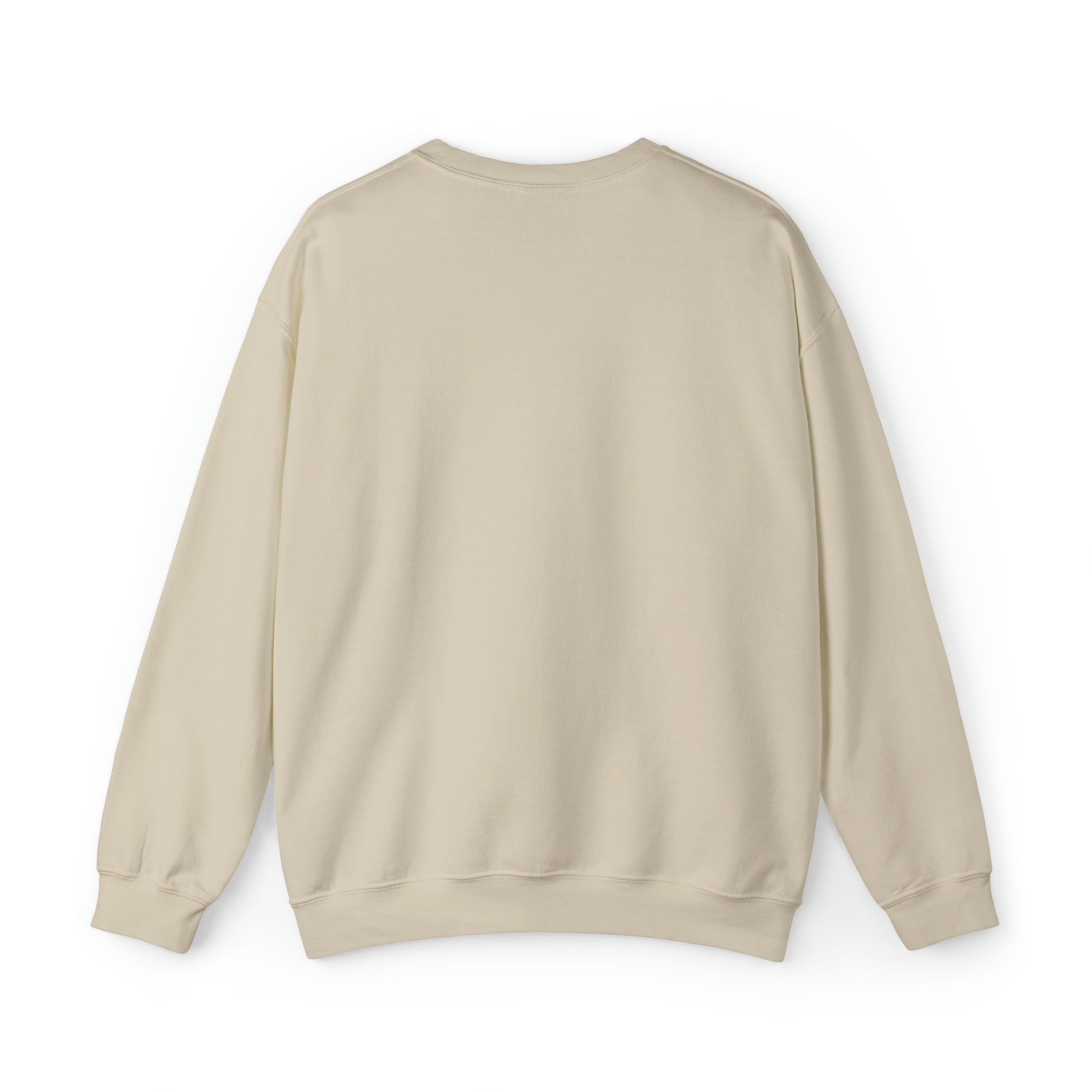 Back view of a cream-colored holiday sweater, featuring a relaxed fit and ribbed cuffs. Perfect for festive occasions.