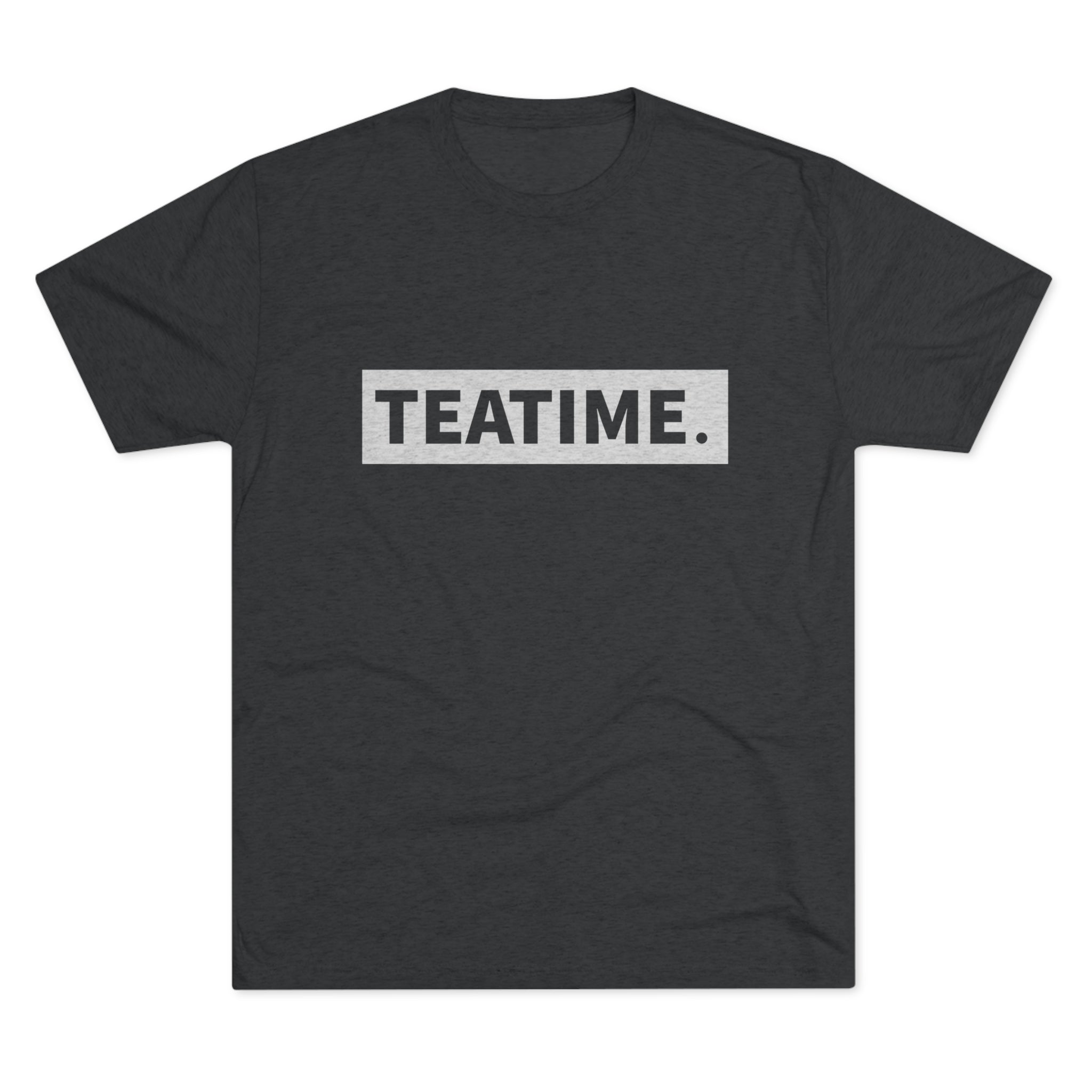 Dark gray graphic tee featuring the word "TEATIME." in bold, white letters on a rectangular design.