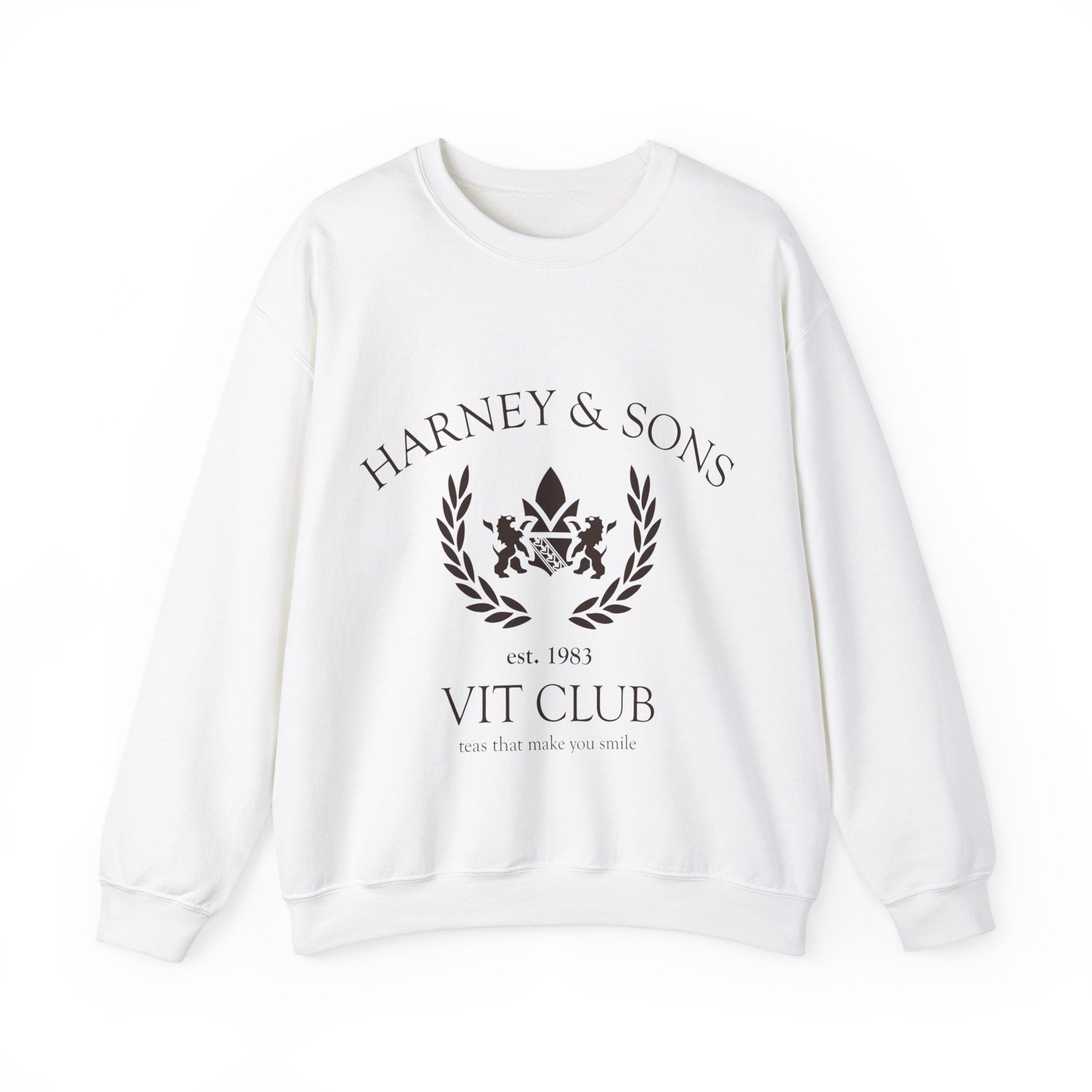White unisex crewneck sweatshirt featuring "HARNEY & SONS VIT CLUB" logo and established year 1983.