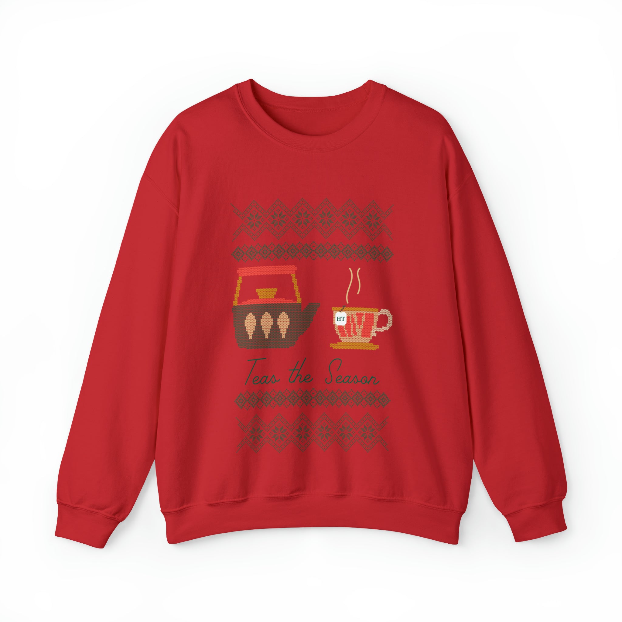 Red holiday sweater featuring a festive design with a teapot and cup, captioned "Teas the Season." Perfect for winter.