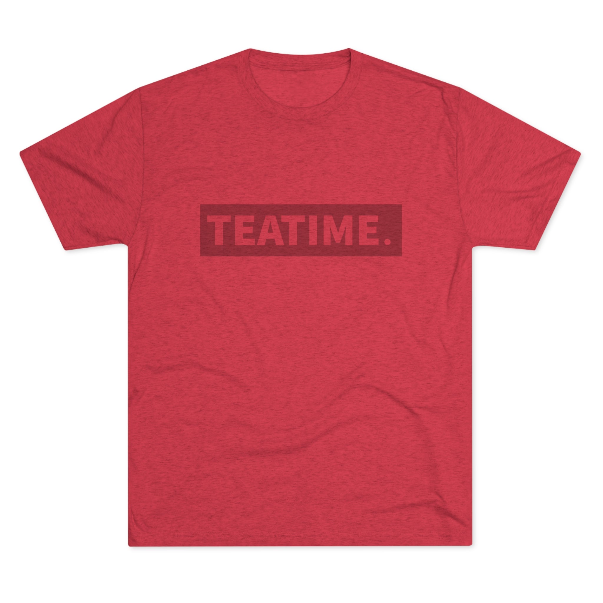 Red graphic tee featuring the word "TEATIME." in bold, modern font across the chest.