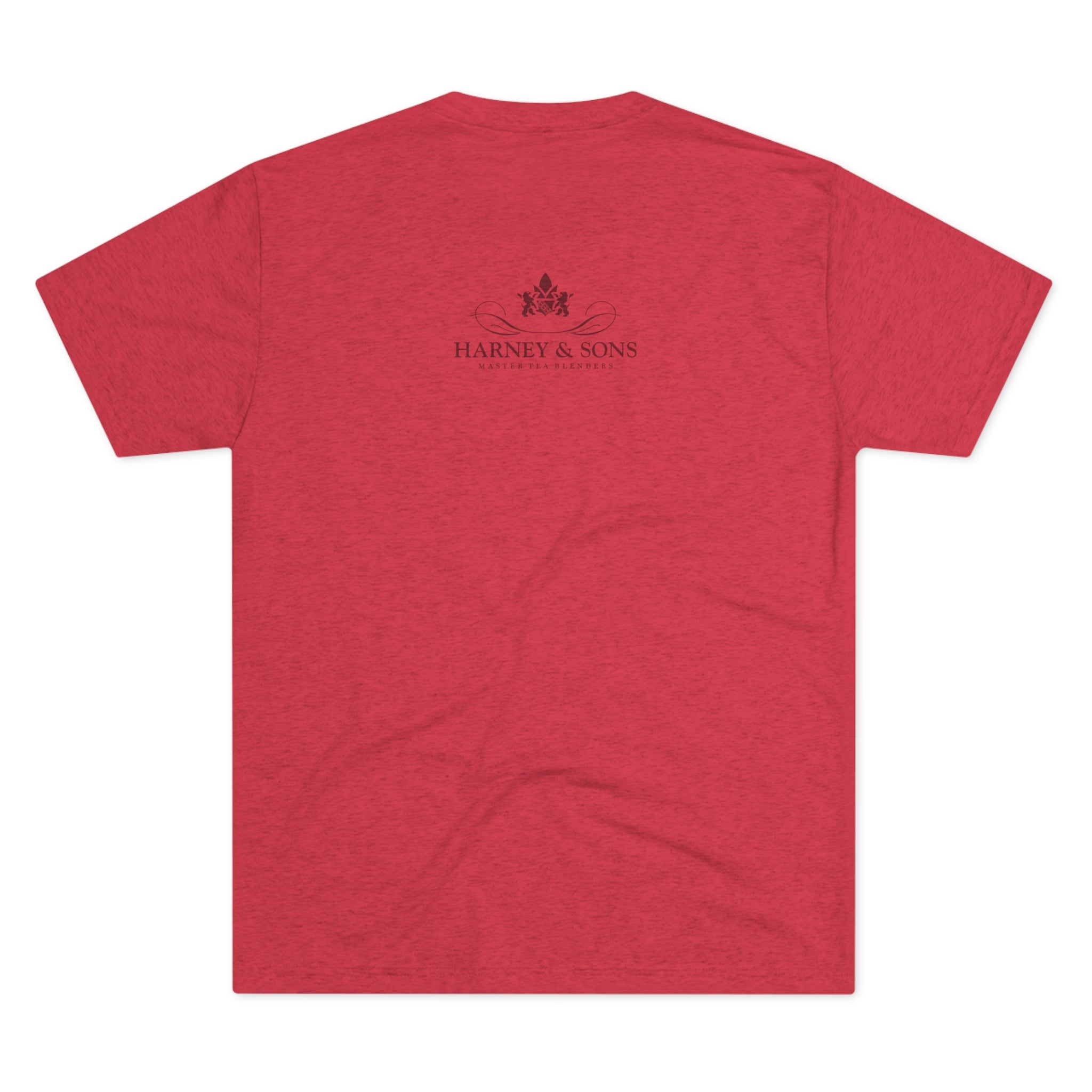 Red graphic tee featuring "Harney & Sons" logo and decorative design on the back. Perfect for tea lovers.