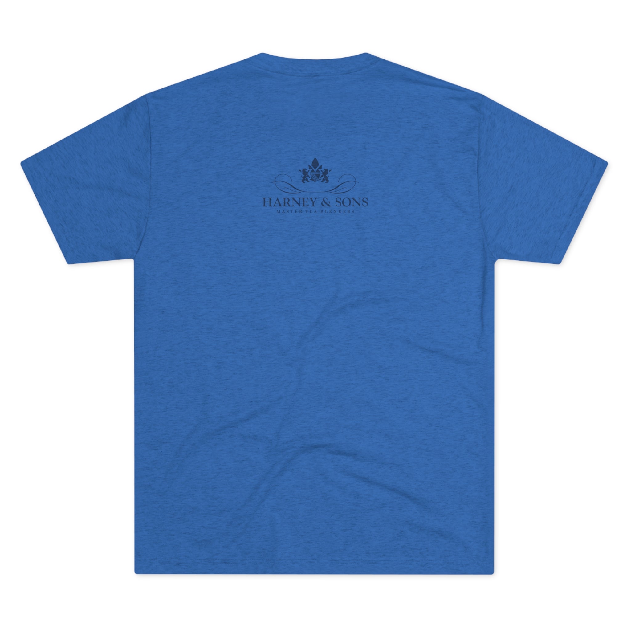 Blue graphic tee featuring "Harney & Sons" logo on the back, perfect for tea enthusiasts.