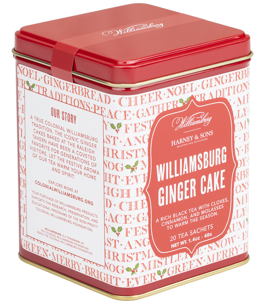 Williamsburg Ginger Cake tin featuring 20 sachets, designed with festive red and white packaging.