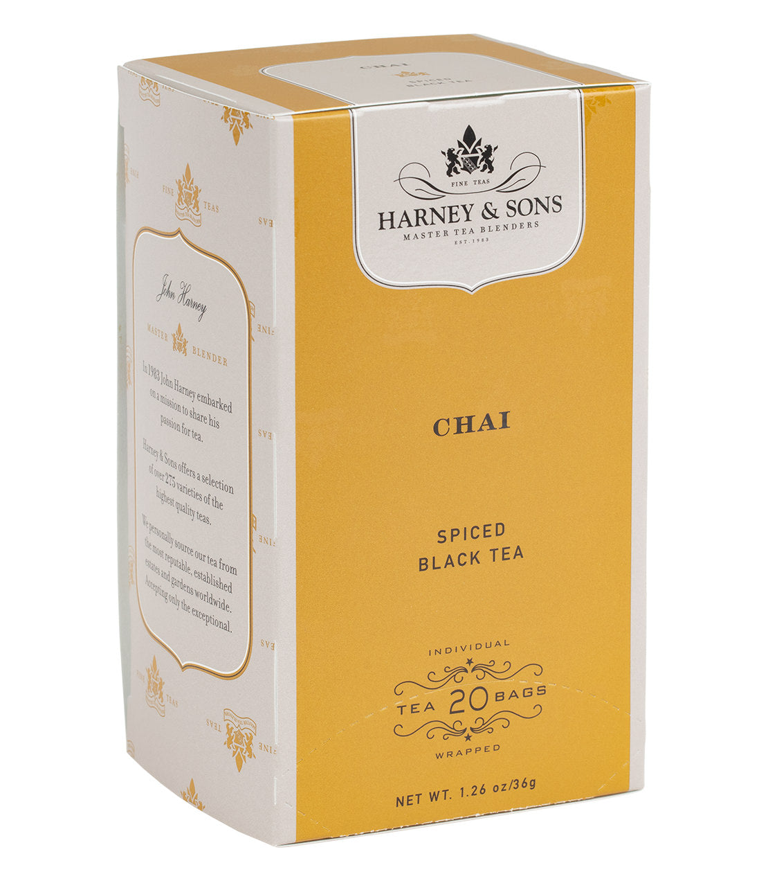 Harney & Sons Chai spiced black tea box, containing 20 individually wrapped tea bags.