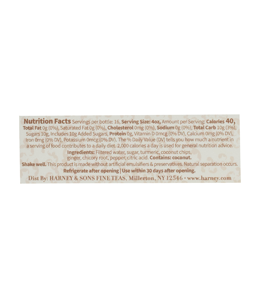 Nutrition facts label for Ginger Turmeric Concentrate, detailing servings, calories, and ingredients.