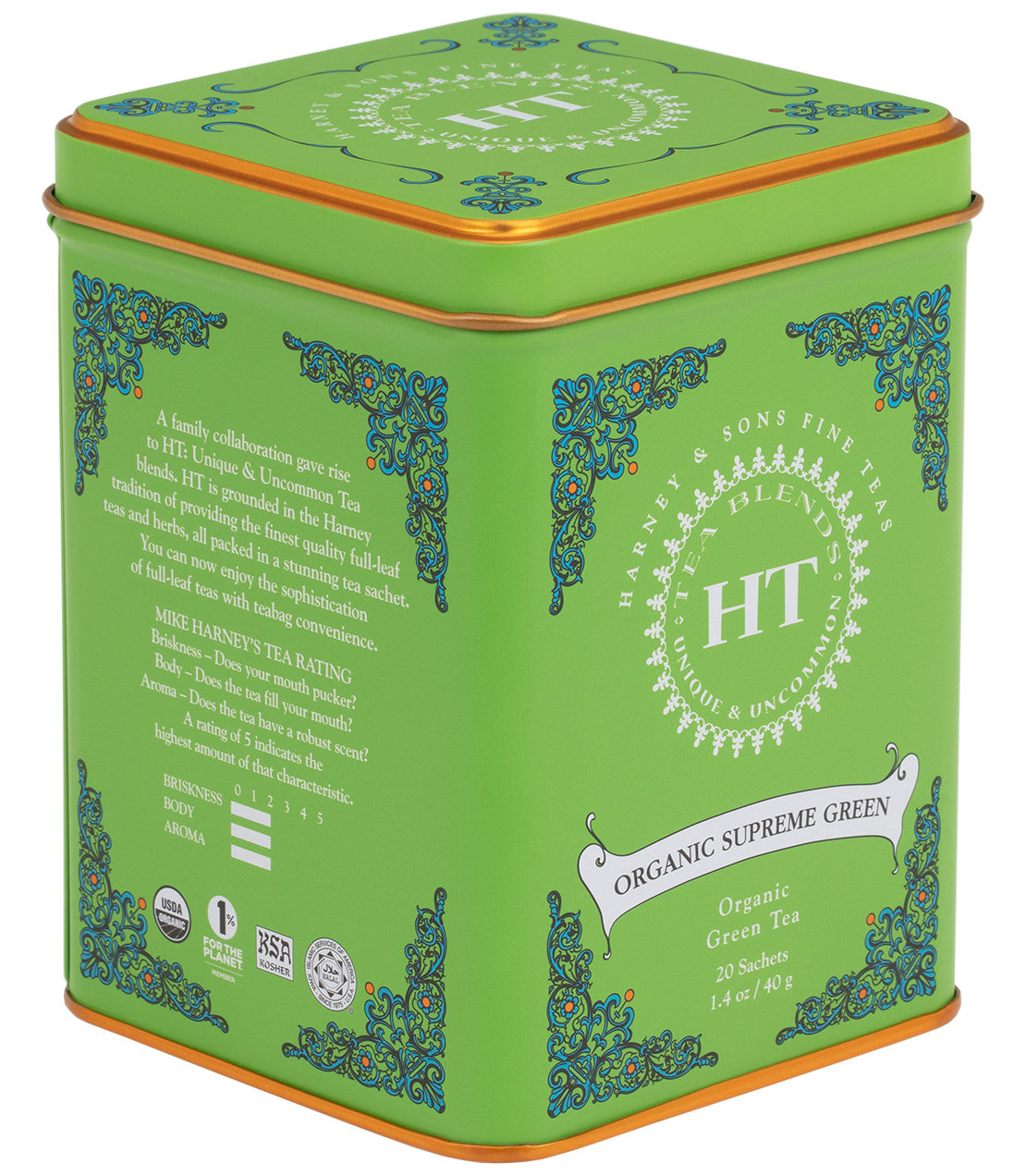 Organic Supreme Green tea tin by HT, containing 20 sachets, featuring vibrant green packaging and detailed branding.
