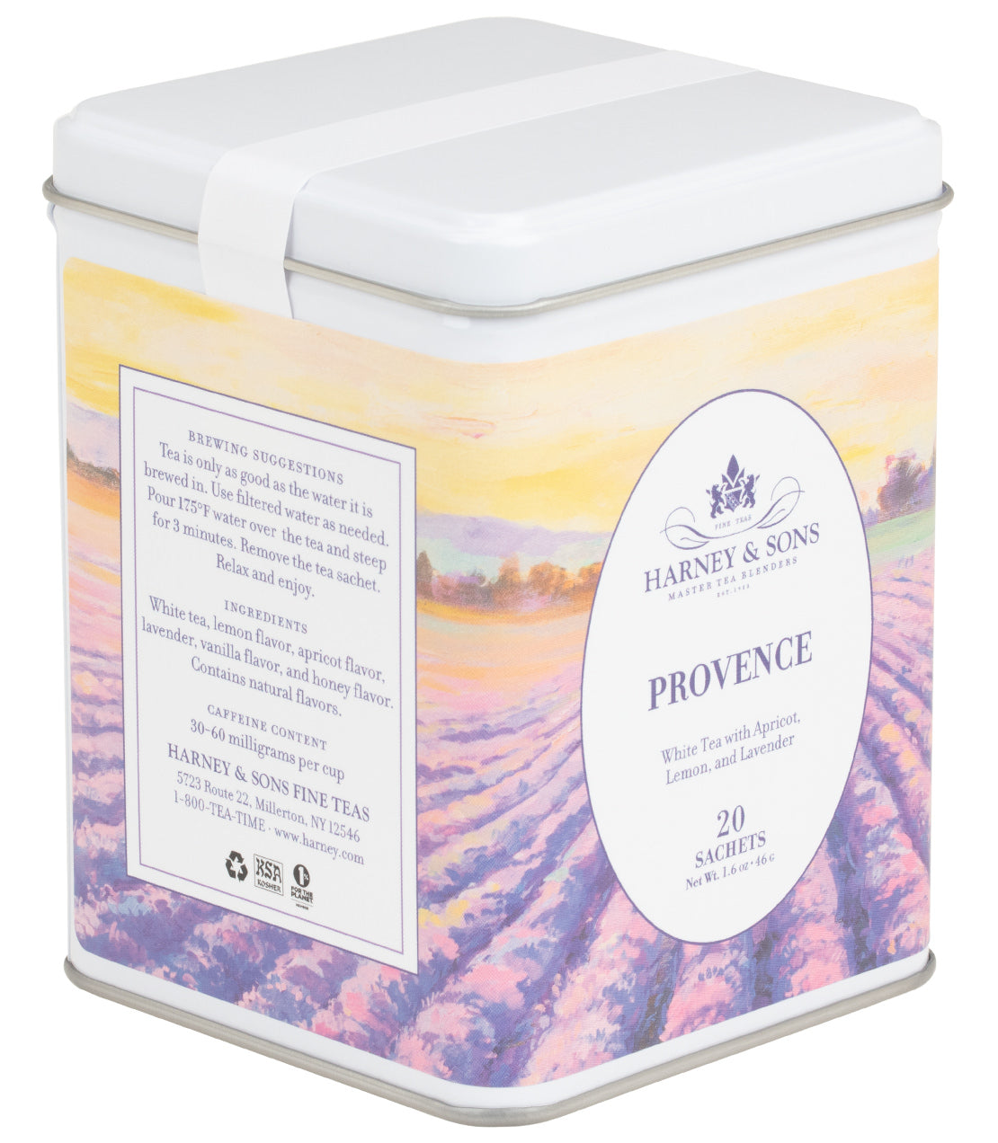 Provence tea tin containing 20 sachets, featuring white tea with apricot, vanilla, and lavender flavors.