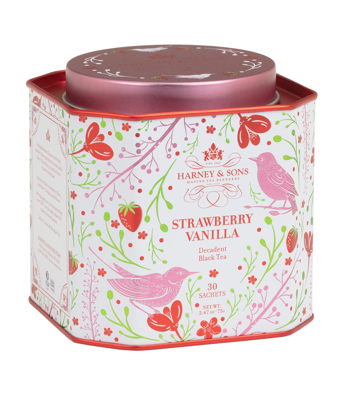 Harney & Sons Strawberry Vanilla Decadent Black Tea 30 count sachets in a hexagonal tin canister with a pink lid, decorated with illustrations of strawberries, birds, and floral patterns on a white background.