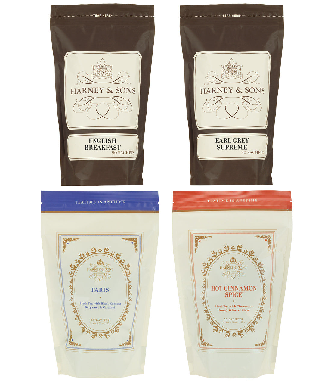 Harney & Sons Best Sellers Bulk Sachets Bundle featuring English Breakfast, Earl Grey Supreme, Paris, and Hot Cinnamon Spice.