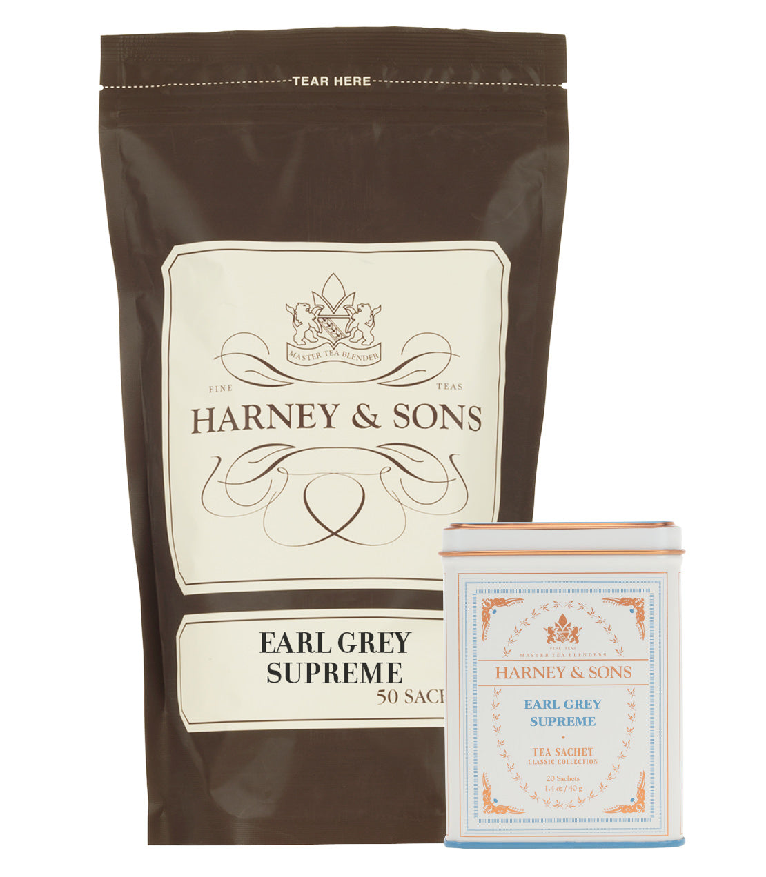 Harney & Sons Earl Grey Supreme Lover Bundle featuring a 50-sachet bag and a decorative tin.