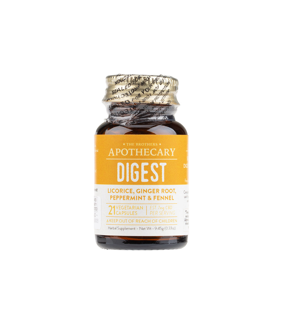 Assorted herbal capsules from The Brothers Apothecary, featuring licorice, ginger root, peppermint, and fennel.