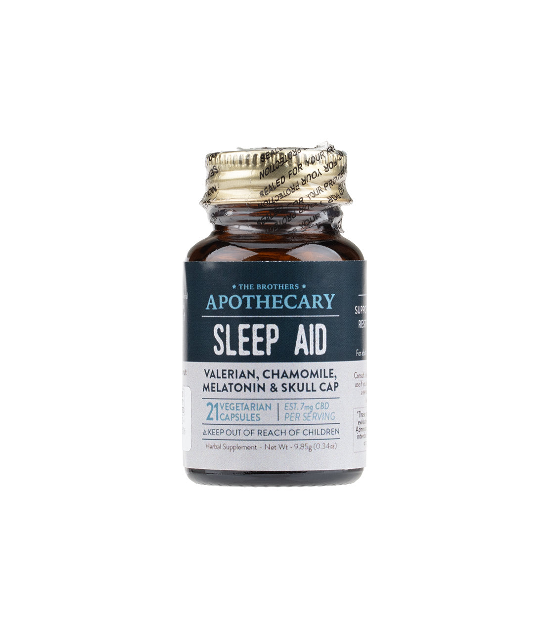 Assorted sleep aid capsules from The Brothers Apothecary featuring valerian, chamomile, melatonin, and skullcap.