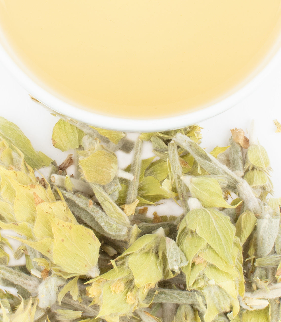Dried Greek mountain herbs beside a cup of herbal tea, showcasing their natural green hues and texture.