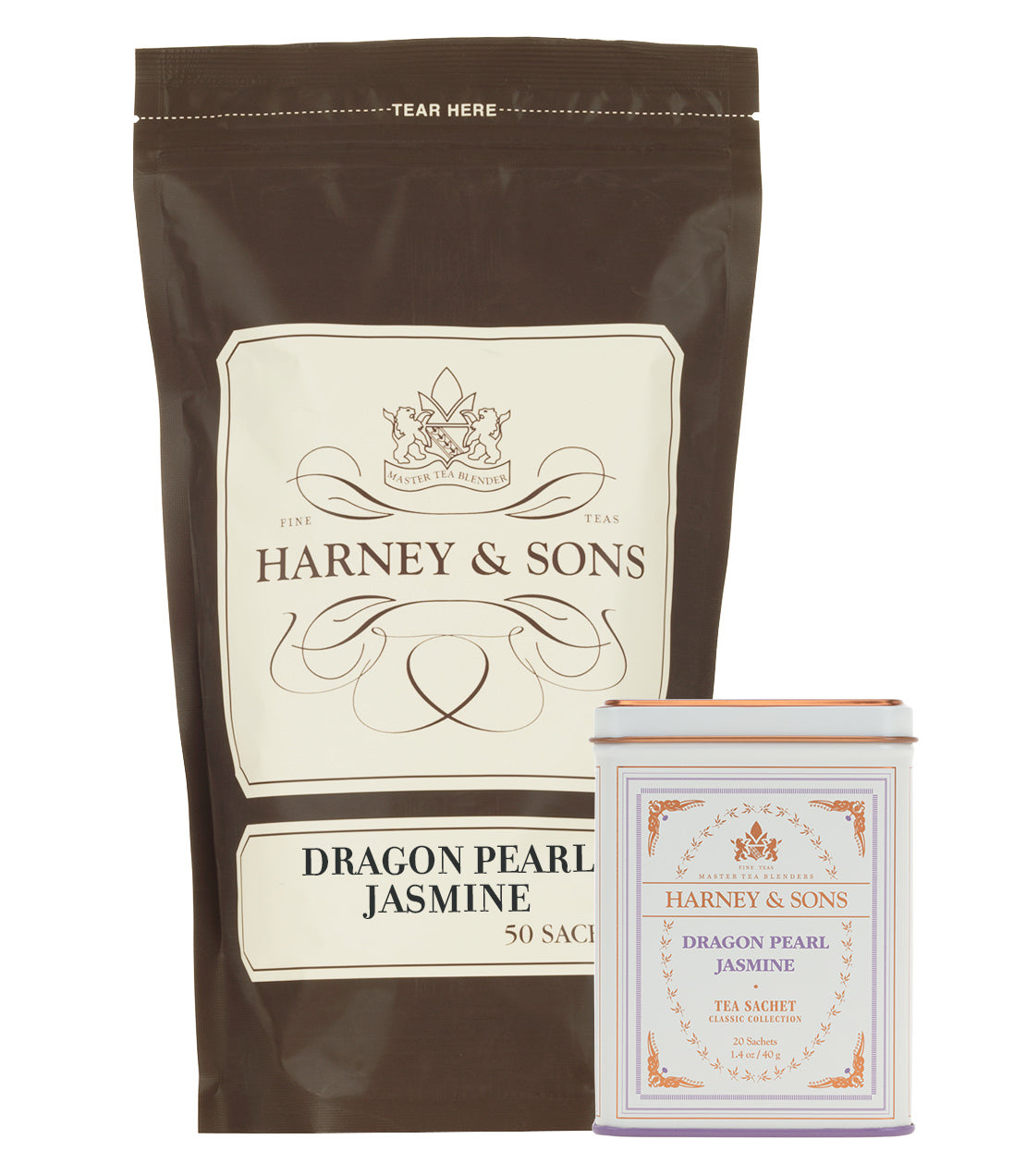 "Harney & Sons Dragon Pearl Jasmine Lover Bundle featuring a 50-sachet bag and a decorative tea tin.