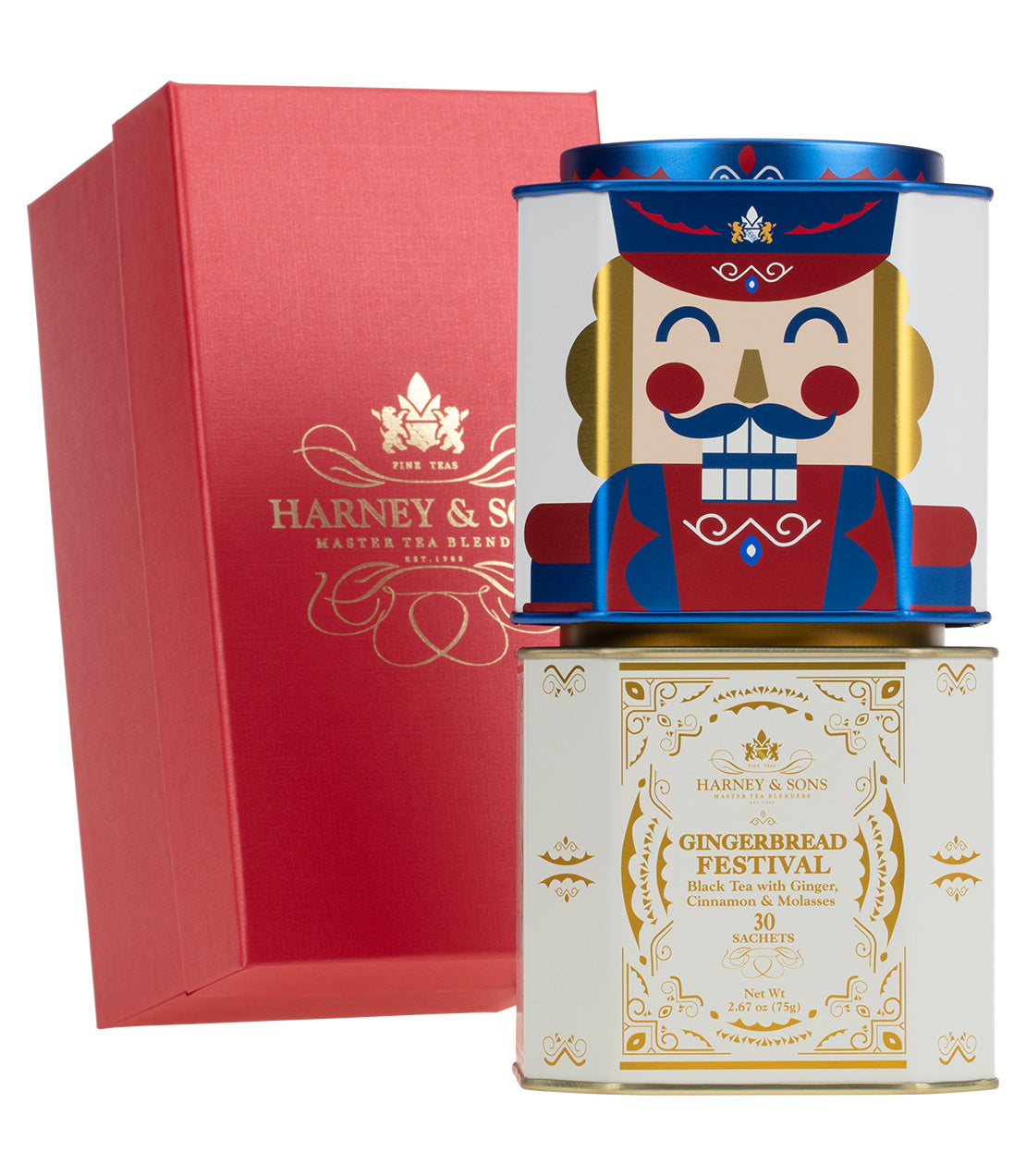 Nutcracker Duo Gift set featuring festive tea tins in a decorative red box, perfect for holiday gifting.