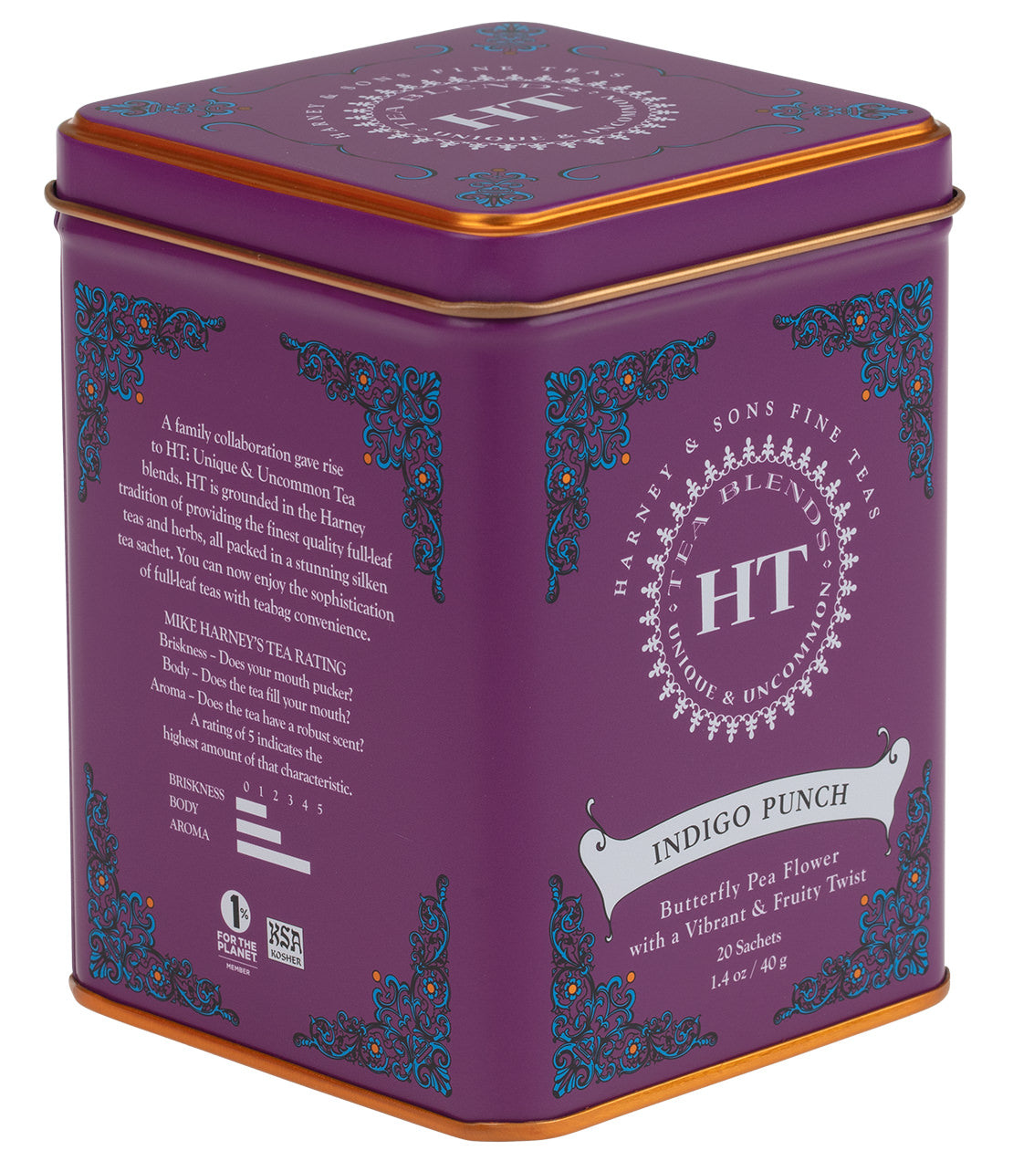 Indigo Punch HT tin featuring 20 sachets of butterfly pea flower tea with vibrant fruity flavors.