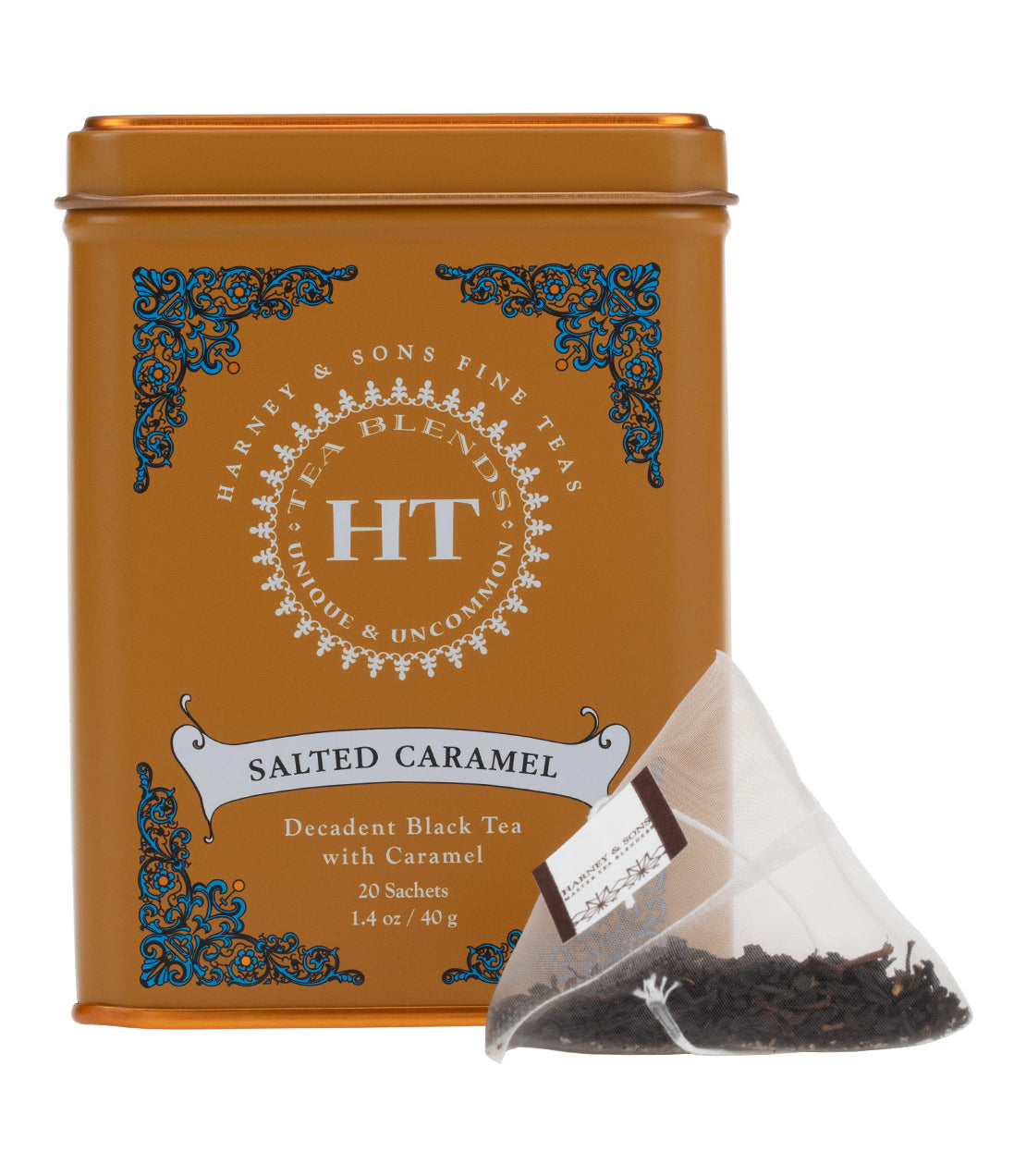 HT Salted Caramel tea tin with 20 sachets, featuring decadent black tea blended with caramel.