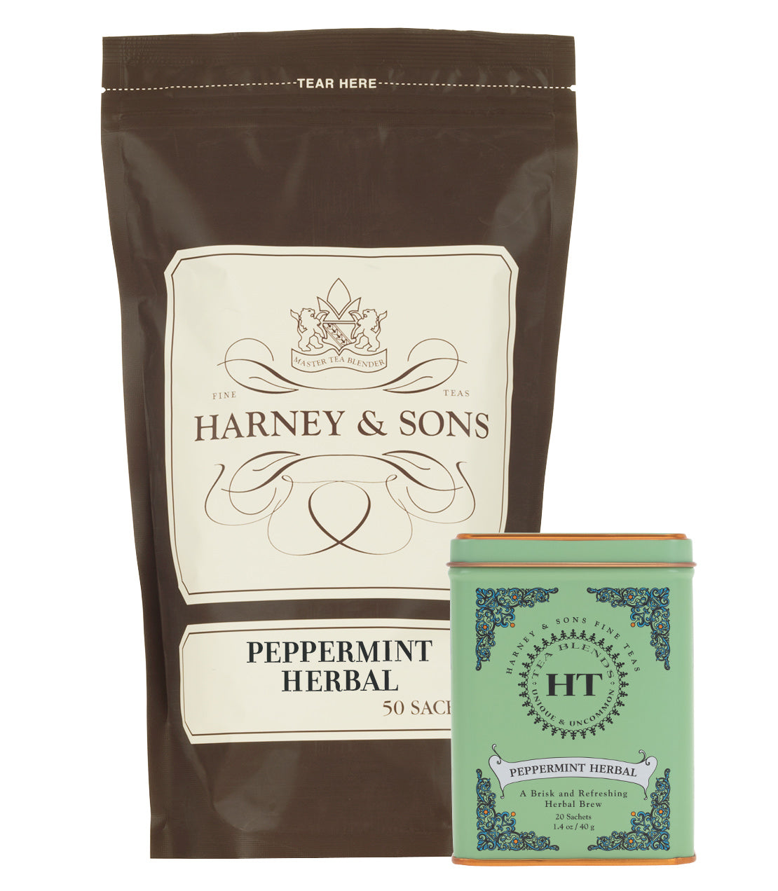 Harney & Sons Peppermint Lover Bundle featuring a 50-sachet bag and a decorative tin of peppermint herbal tea.