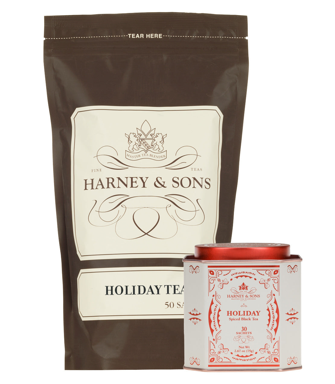 Harney & Sons Holiday Lover Bundle featuring a bag of 50 holiday tea sachets and a decorative tin of holiday tea.