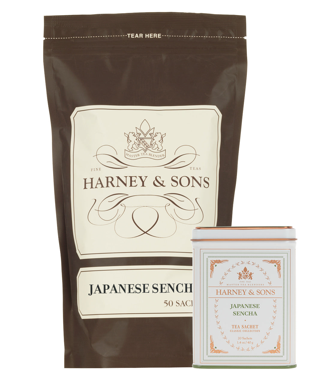 Harney & Sons Sencha Lover Bundle featuring a 50-sachet bag and a decorative tin of Japanese Sencha tea.