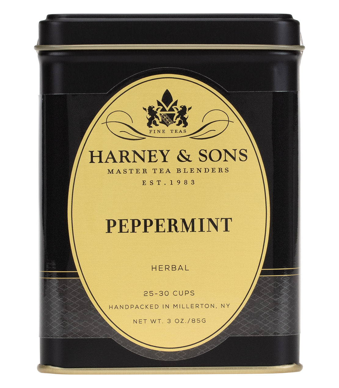 Black tin of Harney & Sons Peppermint Herbal tea, 3 oz, labeled for 25-30 cups, with elegant design.
