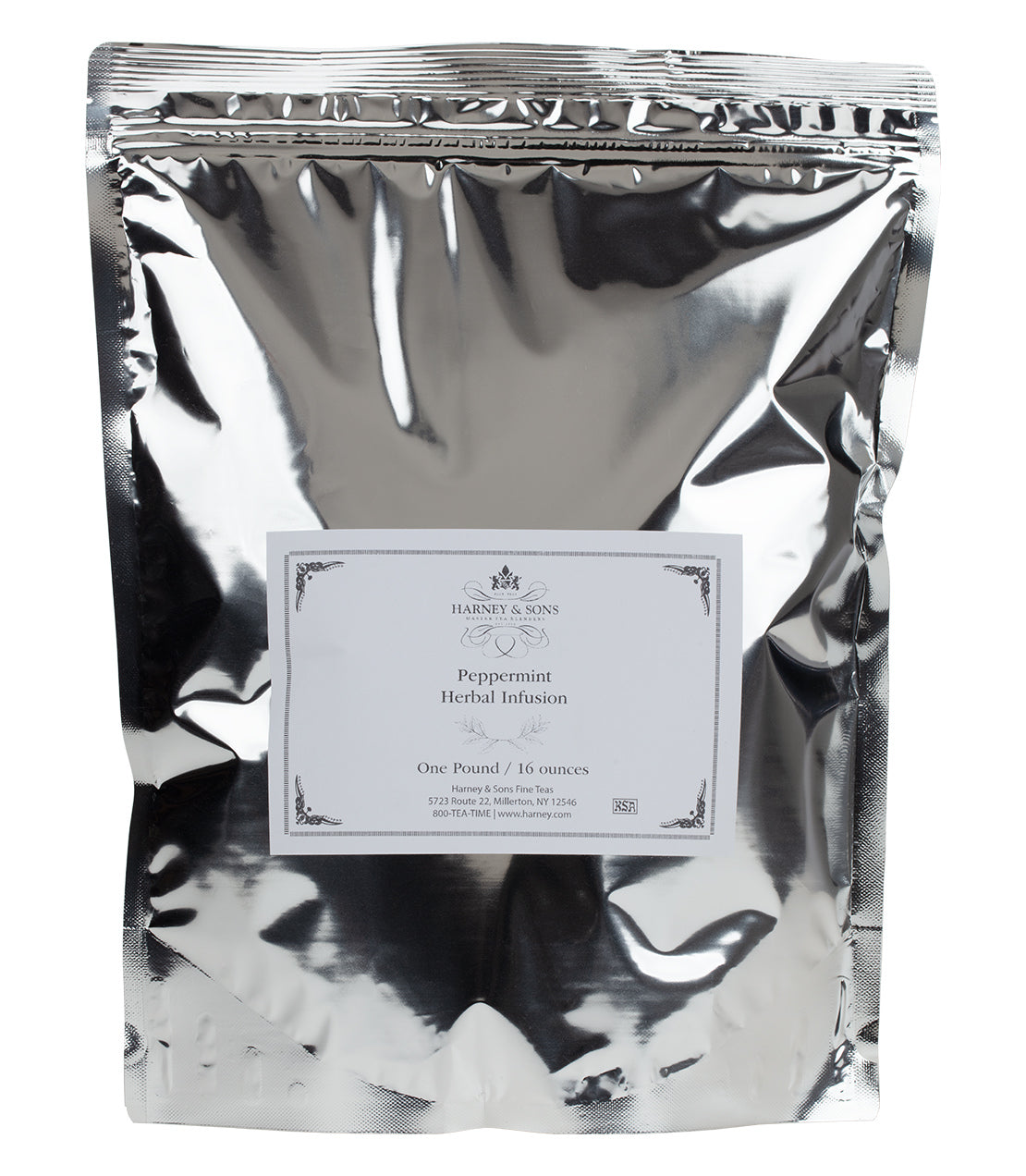 Silver packaging of Peppermint Herbal Infusion by Harney & Sons, labeled with product details and weight.