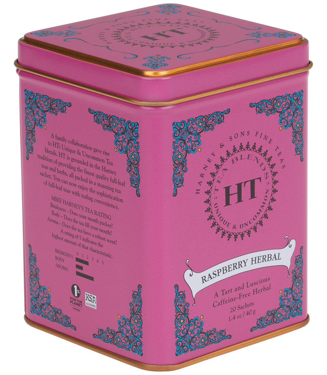 Pink tin of Raspberry Herbal tea sachets, featuring ornate design, holds 20 caffeine-free sachets.
