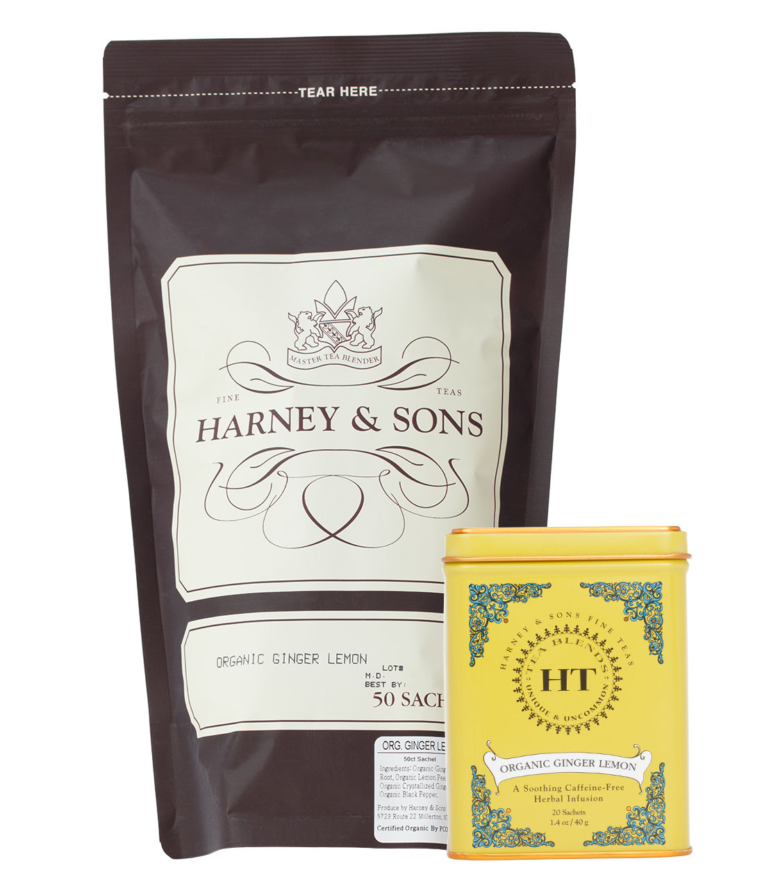 Organic Ginger Lemon Lover Bundle featuring a 50-sachet bag and a yellow tin of herbal tea.