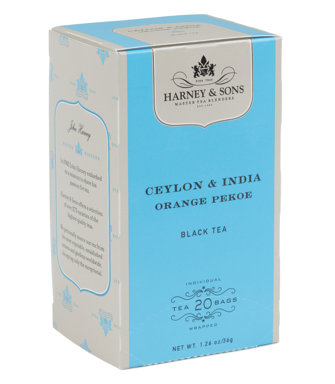 Box of 20 premium Orange Pekoe teabags by Harney & Sons, featuring Ceylon and India black tea.