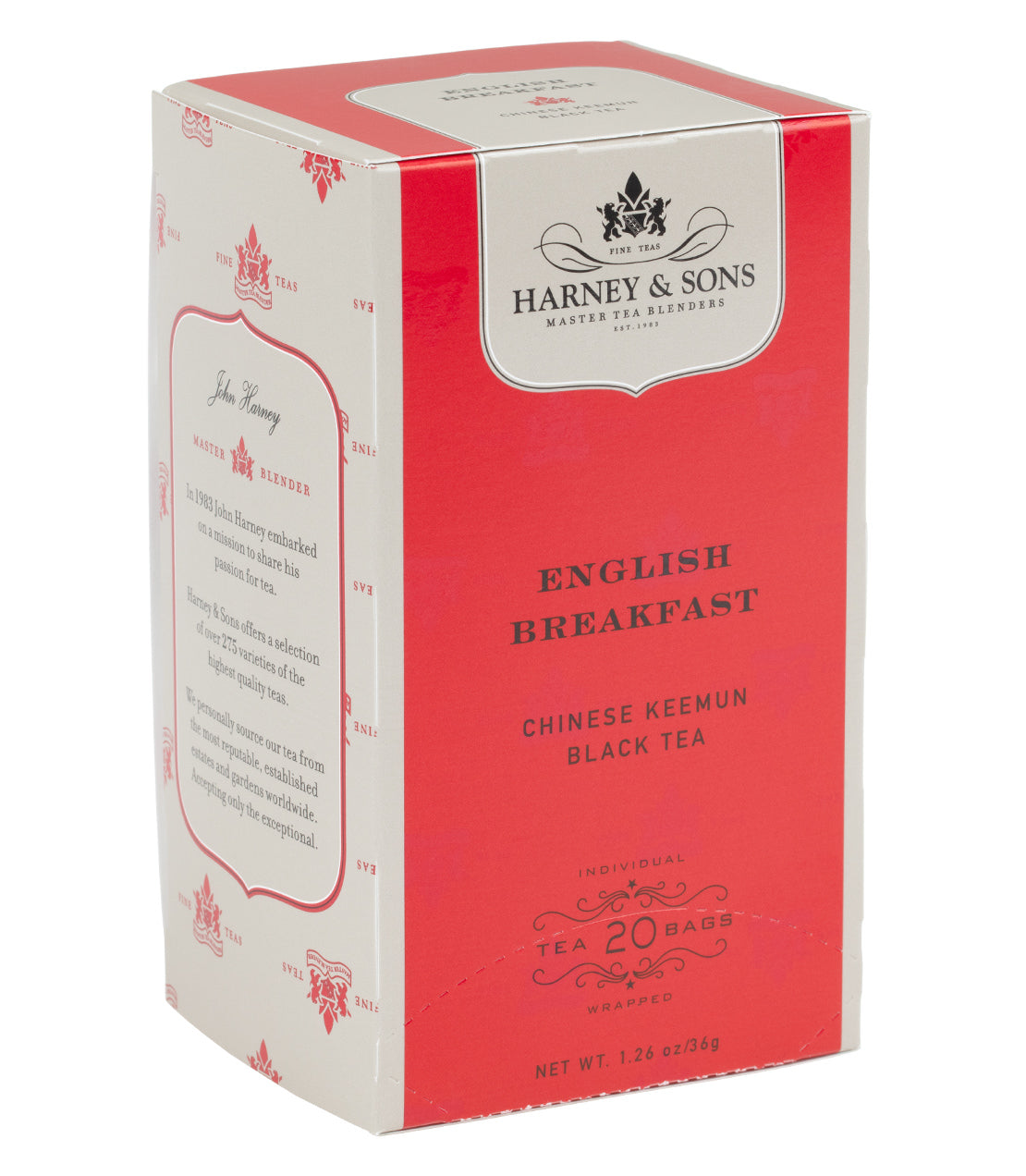 Box of 20 premium English Breakfast teabags by Harney & Sons, featuring Chinese Keemun black tea.