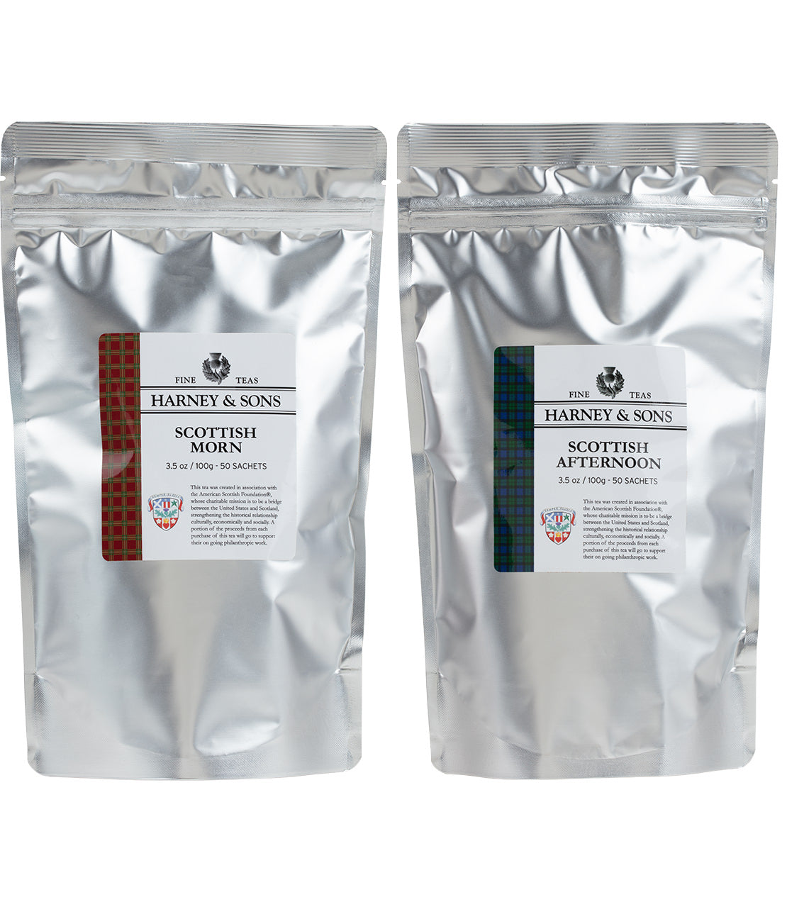 "Scottish Morn and Afternoon Lover tea bundle by Harney & Sons, featuring two silver pouches with tartan labels.