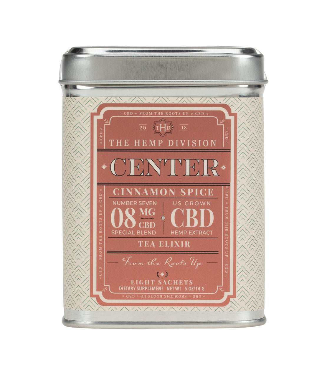 Center 8 CT Sachets in Cinnamon Spice flavor, featuring 8 MG of hemp extract for a soothing tea experience.