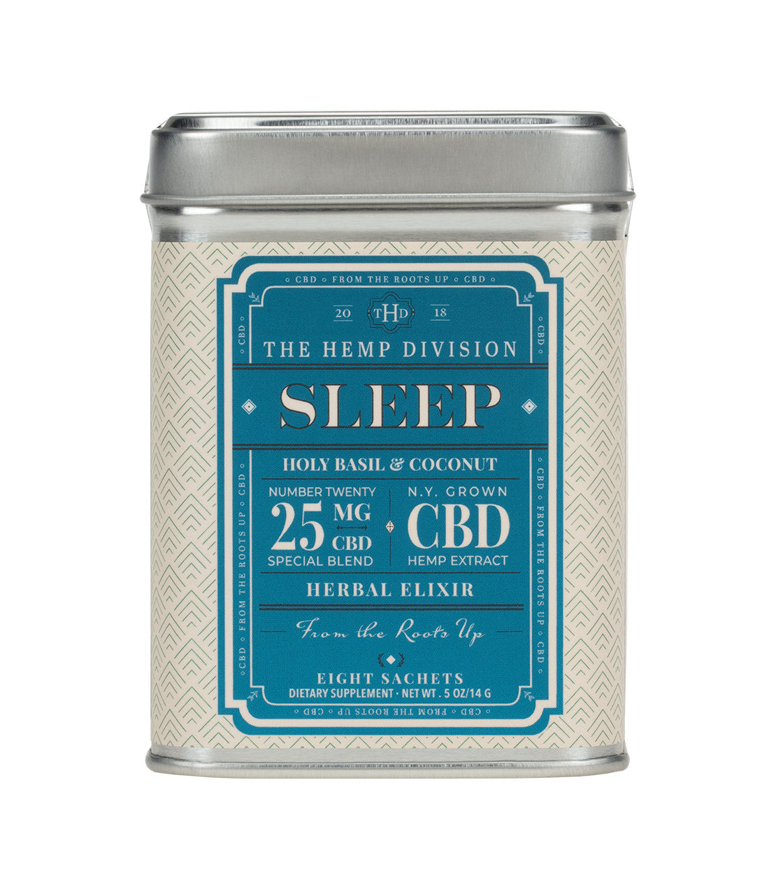 Tin of Holy Basil & Coconut herbal elixir for sleep, containing 25 mg CBD, with eight sachets inside.