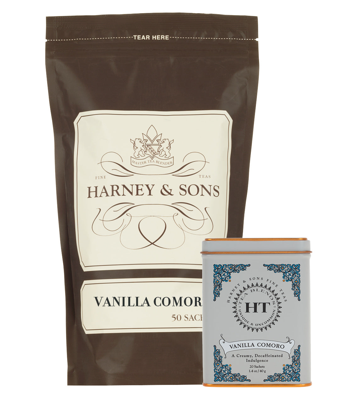 Harney & Sons Vanilla Comoro Lover Bundle featuring a 50-sachet bag and a decorative tin of vanilla tea.
