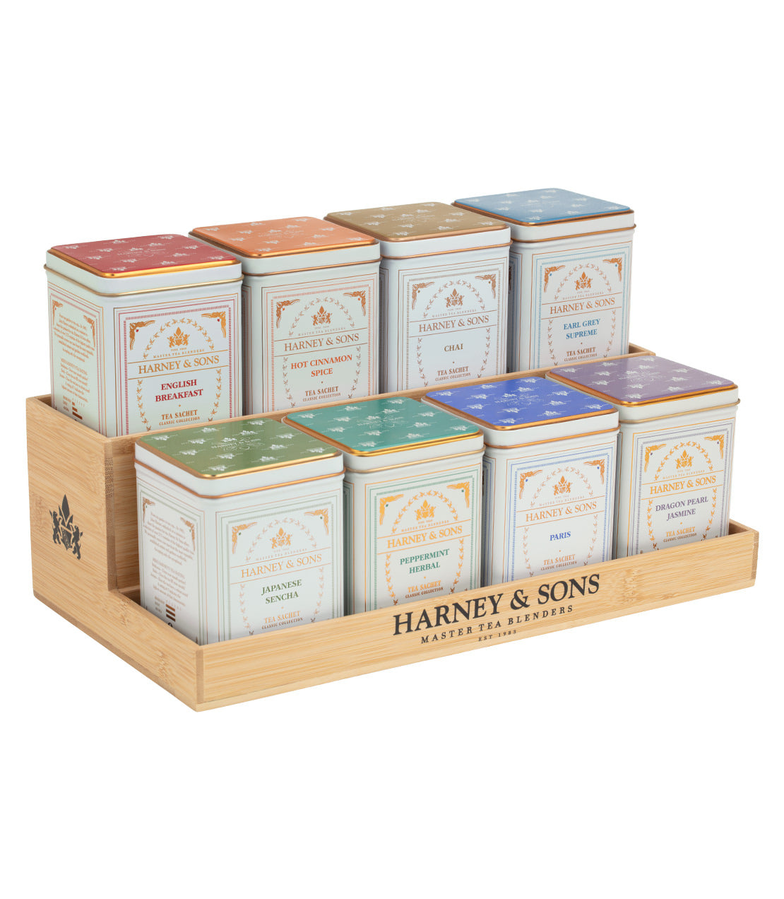 Harney & Sons bamboo display rack featuring 8 classic tea tins in various flavors, elegantly arranged.