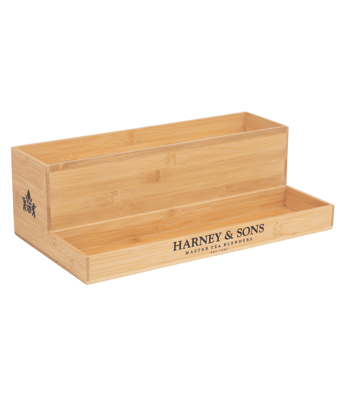 Harney & Sons bamboo display rack for 8 HT or 8 oz tins, featuring a sleek design and brand logo.
