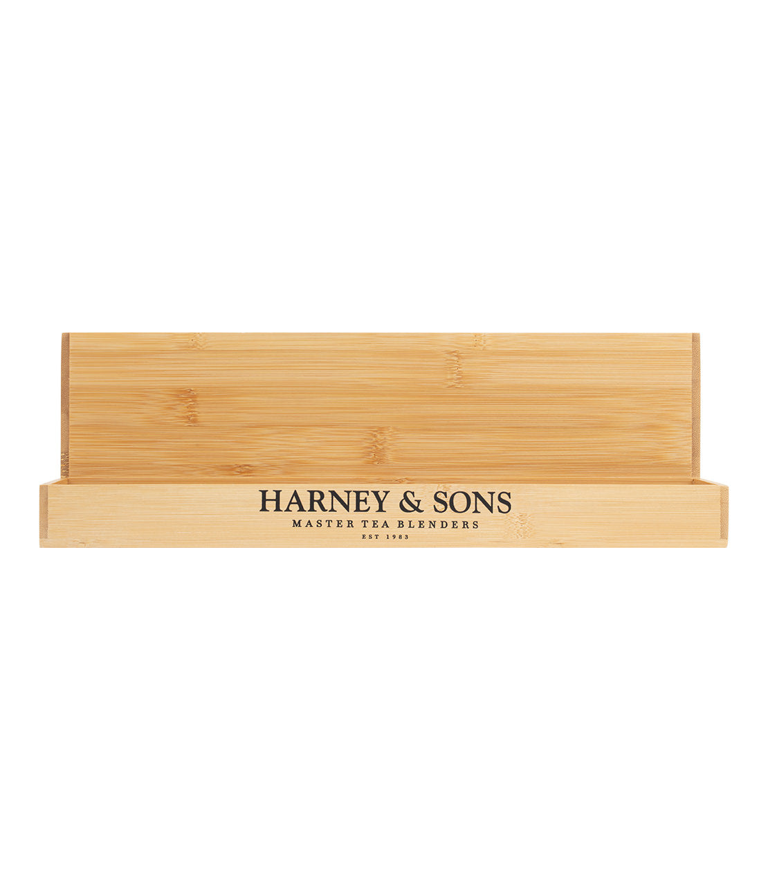 Harney & Sons bamboo display rack for 8 HT or 8 oz tins, featuring a sleek design and brand logo.