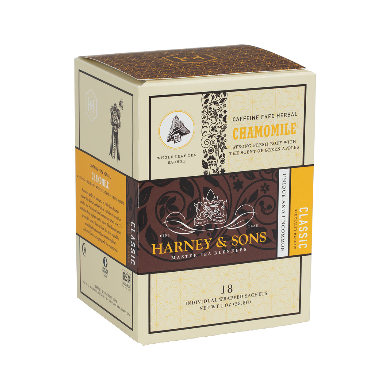 Box of Harney & Sons chamomile tea sachets, featuring a classic design and 18 individual wrapped bags.