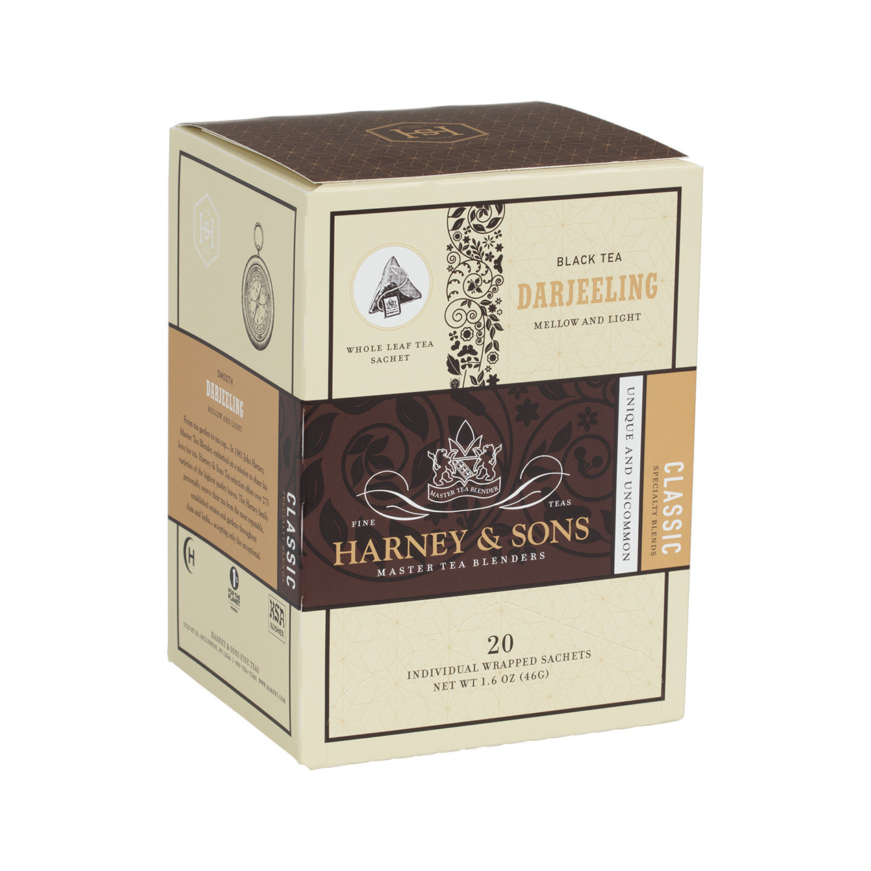 Box of 20 individually wrapped Darjeeling tea sachets by Harney & Sons, featuring a classic design and elegant branding.