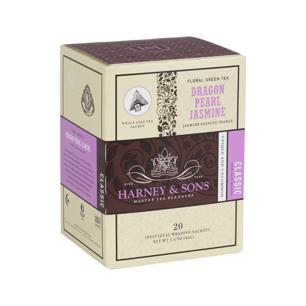 Box of 20 individually wrapped Dragon Pearl Jasmine tea sachets by Harney & Sons, featuring floral green tea.