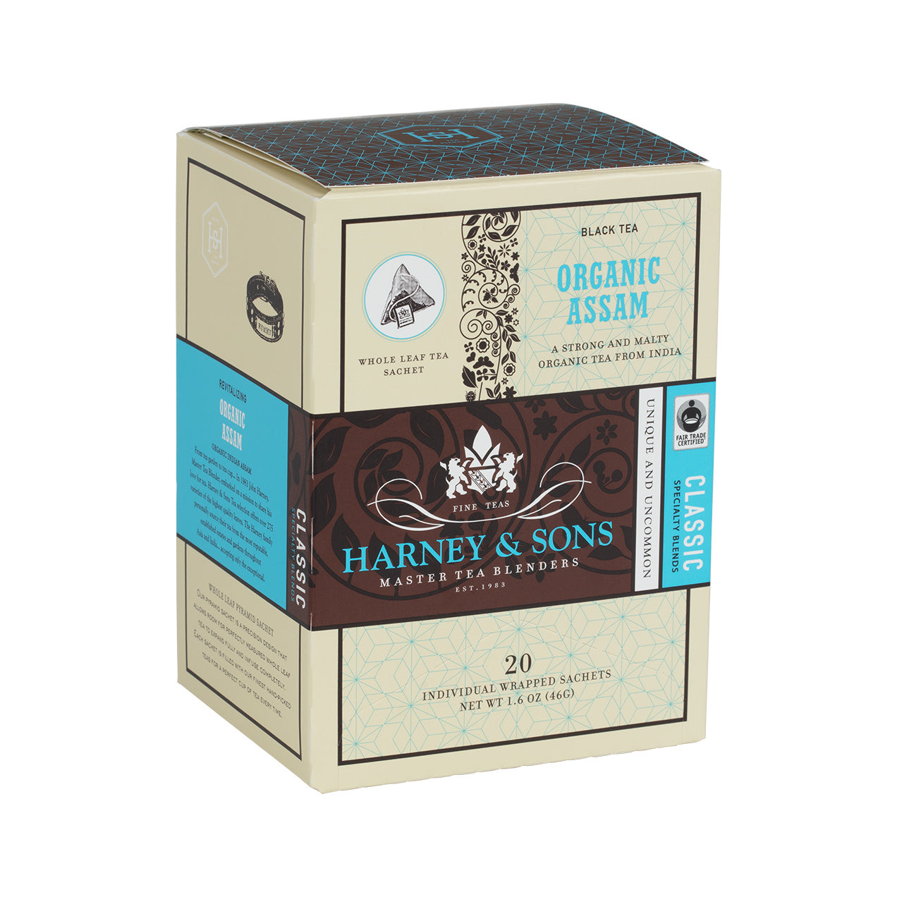 Box of 20 individually wrapped Organic Assam tea sachets by Harney & Sons, featuring a classic design.