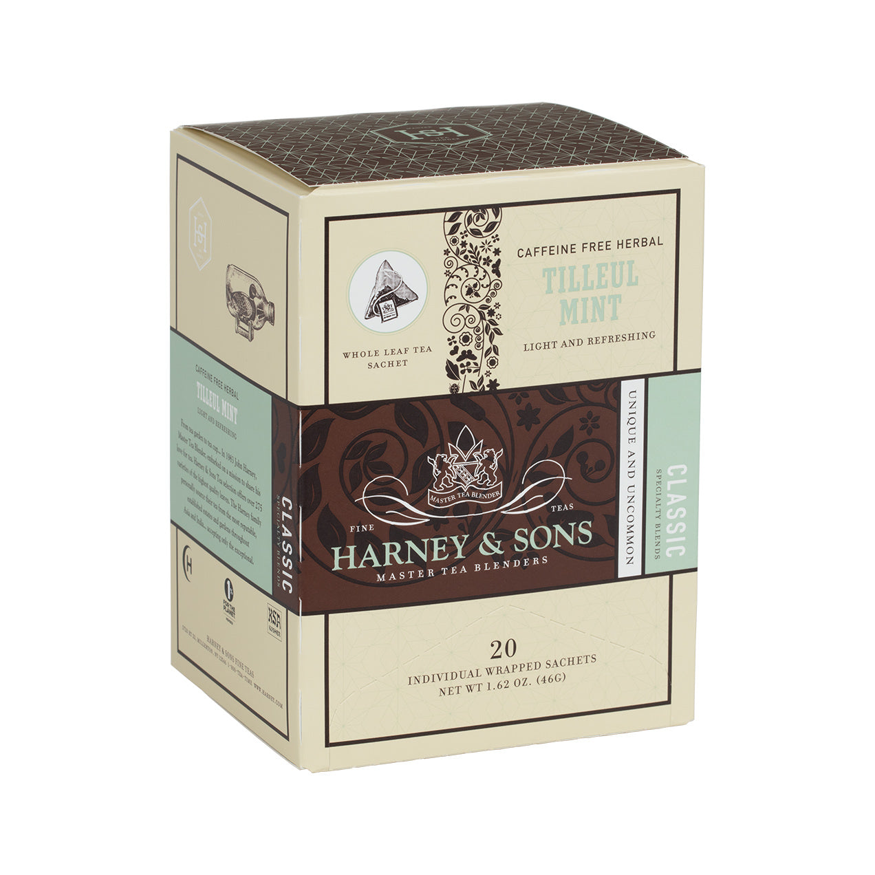 Box of 20 individually wrapped Tilleul Mint herbal tea sachets by Harney & Sons, featuring a light and refreshing design.