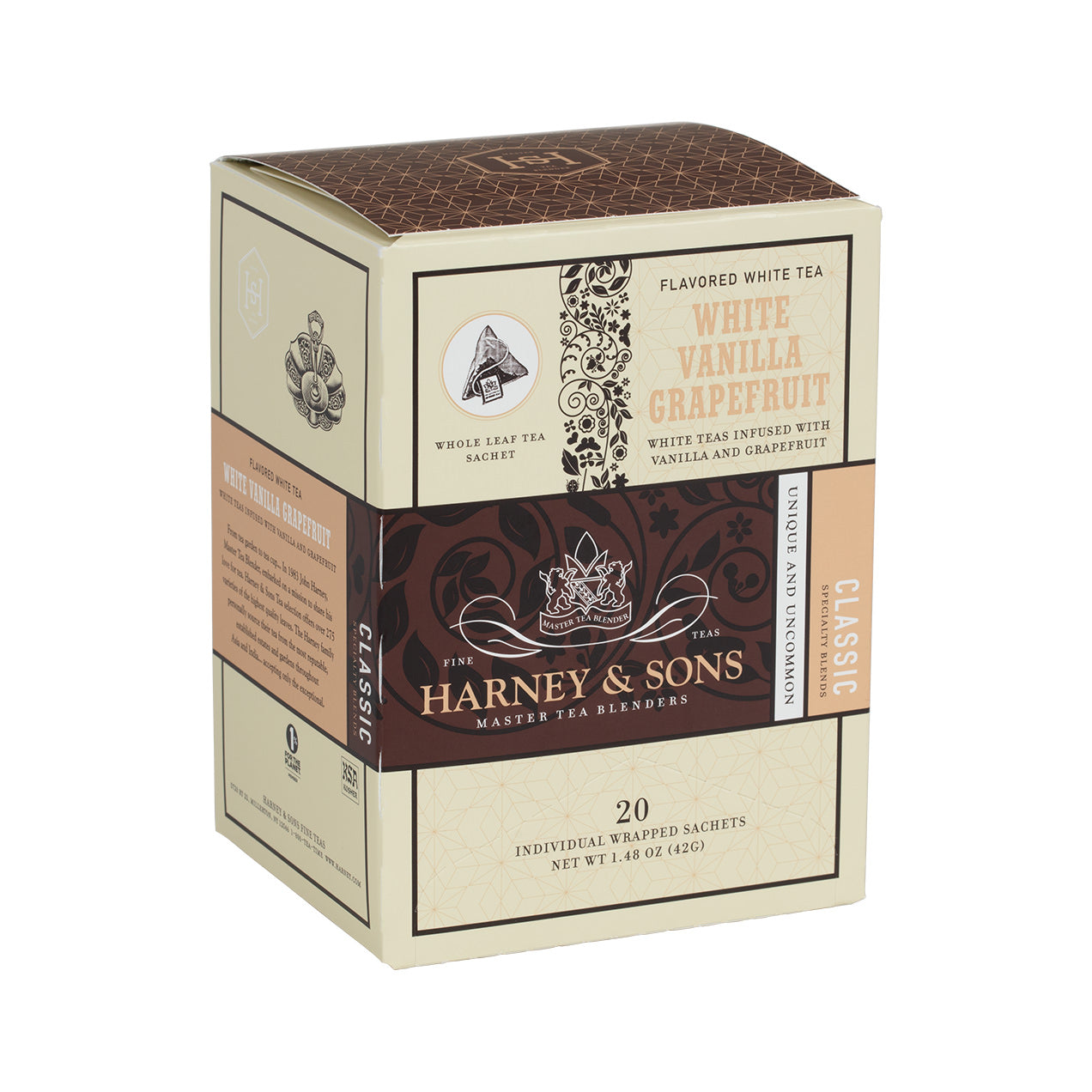 Harney & Sons White Vanilla Grapefruit tea box, featuring 20 individually wrapped sachets of flavored white tea.