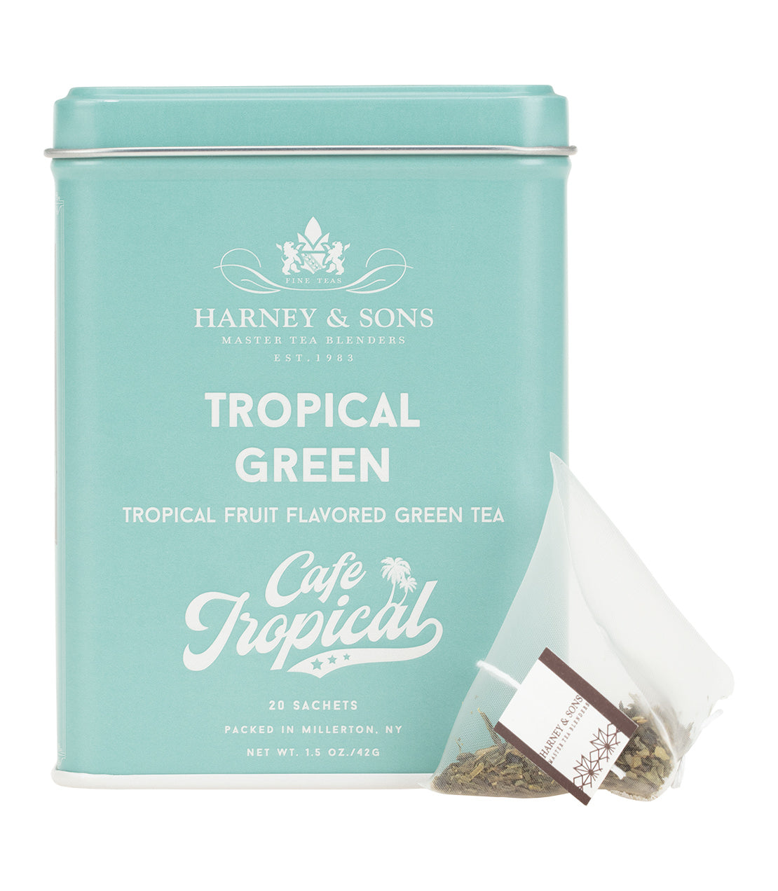 Tin of 20 Tropical Green tea sachets by Harney & Sons, featuring tropical fruit flavor and vibrant packaging.
