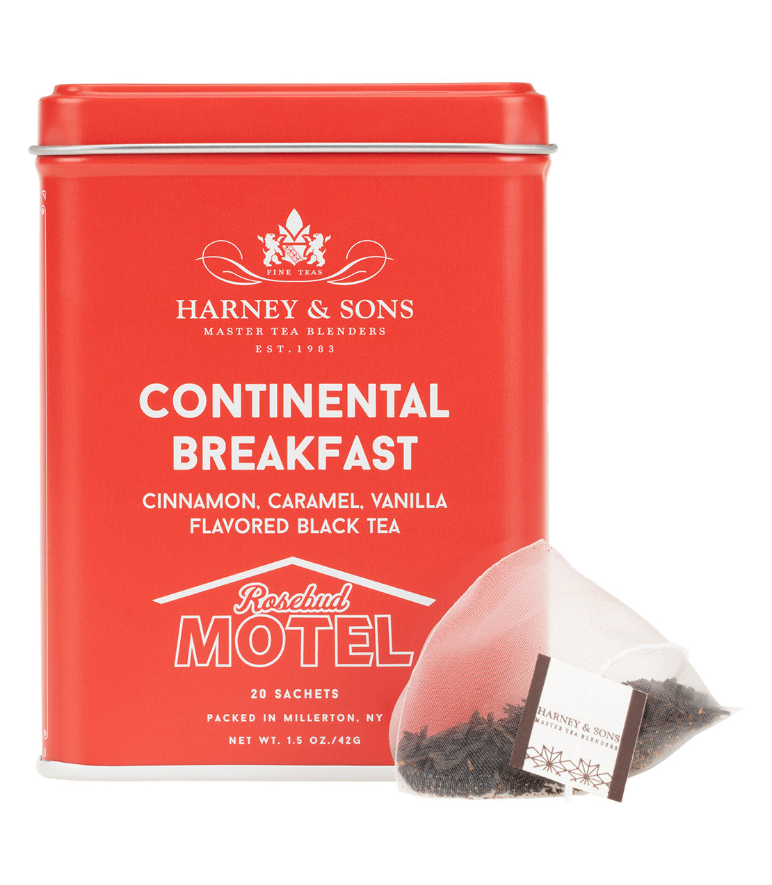 Red tin of Harney & Sons Continental Breakfast tea sachets, featuring cinnamon, caramel, and vanilla flavors.