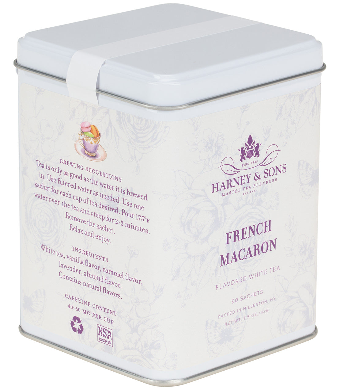 Tin of 20 sachets of Harney & Sons French Macaron flavored white tea, featuring elegant packaging and brewing suggestions.
