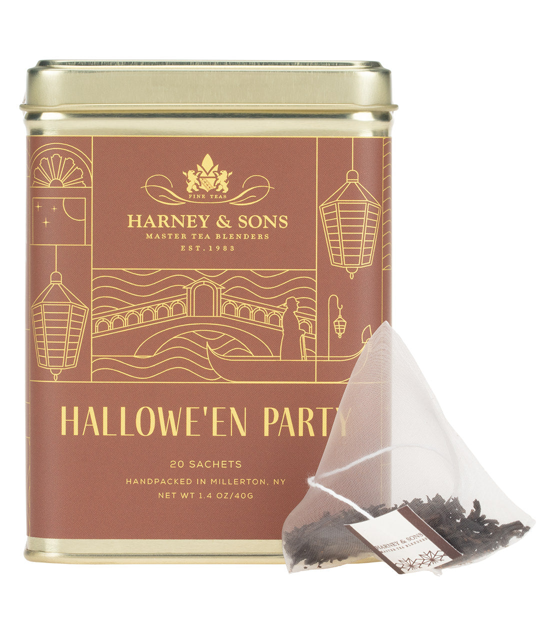Hallowe'en Party tea tin by Harney & Sons, containing 20 sachets, featuring festive packaging design.